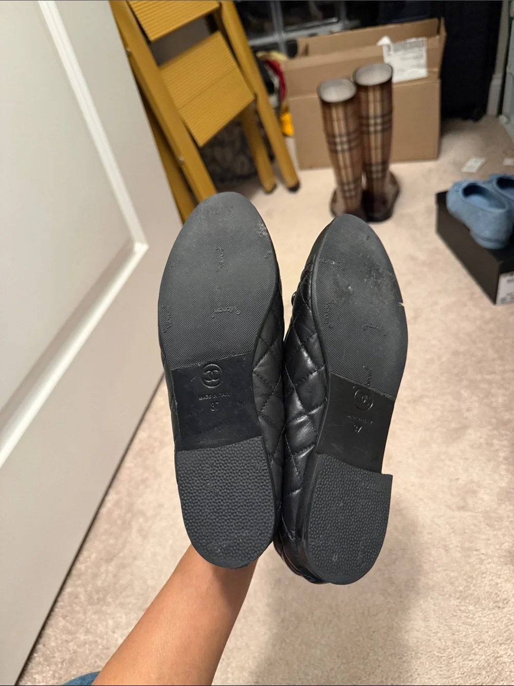 CHANEL Black Quilted Leather Ballet Flat with CC Cap Toe